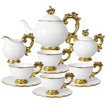 fanquare 15 Pieces British Porcelain Tea Set, Royal Gift Coffee Service Set, White Teapot, Sugar Bowl, Milk Jar, Cup and Saucer