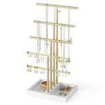 Love-KANKEI Jewelry Organizer Stand,5 Tier Large Necklace Holder with Metal and Wood Base,Jewelry holder stand Tree for Display,Bracelets Earrings Rings,Height Adjustable White and Gold