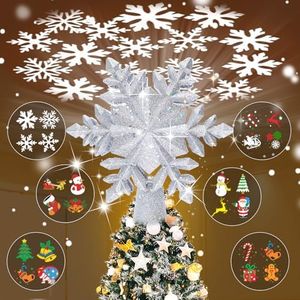 TKYHRMAS Christmas Snowflake Tree Toppers with LED Rotating Lights, Silver