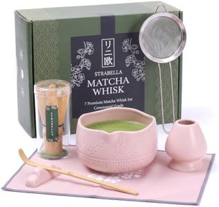 Strabella 7-Piece Matcha Whisk Set – Ceramic Matcha Bowl with Spout, Bamboo Whisk & Holder, Scoop, Sifter, Tea Towel – Japanese Tea Set & Matcha Starter Kit Gift Box (Pink)
