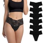 Deigecil High Waist Black Lace Thongs For Women Wide Gusset Underwear Plus Size Knickers High Rise Panties Cotton Thong For Women Size L Pack of 6