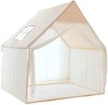 Wonder Space Children Play House Tent - Khaki Beige Natural Fabric Canvas Large Lace Pom Playhouse for Kids, Portable for Indoor and Outdoor Fun Plays, Best Gift for Boys and Girls