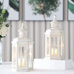 JHY DESIGN Set of 2 Decorative Lanterns -10 inch High Vintage Style Hanging Lantern Metal Candleholder White with Gold Brush