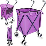 Wellmax WM99100 Series Folding Shopping Cart with Wheels, Grocery Cart with Removable Canvas with Cover, Lightweight Utility Cart for Groceries and Laundry - Holds up to 120 lbs (Purple)