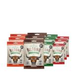 Biltong Taste Box, four flavours, Original, Smoky BBQ, Piri Piri & Garlic, Tasty High Protein, Low Fat, Gluten & Nitrate Free, Savoury Snack. (12 x 30g. All four flavours)