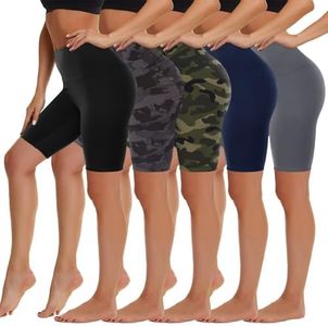 5 Pack High Waist Biker Shorts for Women - 8" Soft Spandex Workout Yoga Running Athletic Shorts(Black/Grey/Navy/Black Print/Camo,ONE)