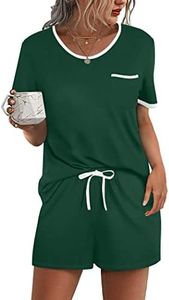 Ekouaer Women's Pajama Set Short Sleeve Sleepwear Chest Pocket Pjs Sets Nightwear Cotton Loungewear Dark Green