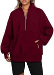 AUTOMET Women's Half Zip Oversized Sweatshirts Fleece Pullover Long Hoodies Casual Mock Turtleneck Sweaters with Pockets WineRed L