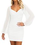 ZESICA Women's Sexy V Neck Ruched Bodycon Mini Dress Puff Long Sleeve Cocktail Wedding Party Short Dresses, White, Small