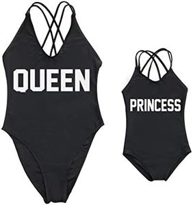 Mommy and Me Matching Family Swimsuit Queen & Princess One Piece Mother Daughter Girls Swimwear Cross Back Bathing Suits Black