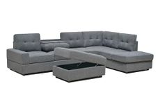 Western Grey Fabric Corner Sofa With Cup Holder & Ottoman - L shape High Back Suite For Living Room - Cheap Sofas & Couches-3020 (Right Hand Side)