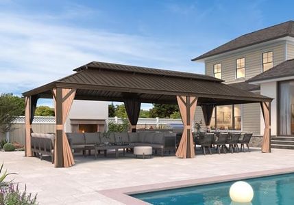 PURPLE LEAF 12' X 28' Outdoor Hardtop Gazebo Patio Wide Aluminum Frame Galvanized Steel Double Roof with Heavy Duty Netting and Curtains for Permanent Hard Top Pavilion Screen Khaki