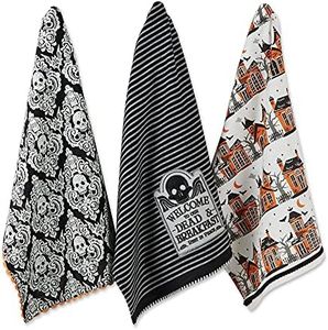 DII Happy Halloween Dishtowel Collection Embellished Cotton Kitchen Hand Towel Set, 18x28, Skull Damask/Haunted House, 3 Count