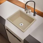 REMOTION Granite Quartz Single Bowl Kitchen Sink With Drain Board, Drain Rack and PVC Waste Pipe-Flushmount/Undermount/Top Mounted Kitchen Sink (Matte Ivory Sand, 21 x 18 x 9 Inch)