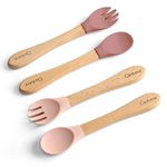 Ginbear Silicone Baby Spoon and Fork Set Self-Feeding, Toddler Feeding Utensils for Child 6 Months+ (Mauve/Pink)