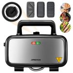 Sandwich Maker 3-in-1, Belgian Waffle Maker and Electric Panini Grill with 5-Gear Temperature and LED Indicator Lights, 3 Sets of Detachable Non Stick Plates, 1200W (Black)
