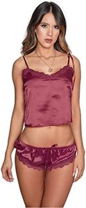 Besame Babydoll Women Sexy Lingerie Shiny Satin Lace Sleepwear Set, Wine, X-Large