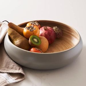 HABITAAS Fruit Bowl For Kitchen Counter, Decorative Bowl, Large Serving Bowl Or Fruit Basket For Kitchen Spun Bamboo (Gray)