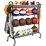 Sttoraboks Basketball Rack, Garage Ball Storage Stand 4-Layer Ball Rack Rolling Balls Organizer with Baseball Bat Holder & Hooks Sport Equipment Storage Cart with Wheels for Football Volleyball Soccer