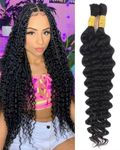 Sexycat Deep Curly Human Braiding Hair for Boho Braids 2 Bundles 14 Inch 100g，#1B Natural Black Water Wave Bulk Human Hair for Micro Braiding Wet and Wavy Bundles Hair Extensions