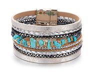 Fesciory Women Multi-Layer Leather Wrap Bracelet Handmade Wristband Braided Rope Cuff Bangle with Magnetic Buckle Jewelry(Turquoise)