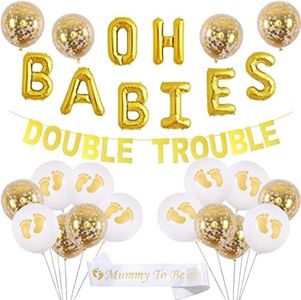 JOYMEMO Twins Baby Shower Decorations Set Gold Theme, Double Trouble Banner, OH BABIES Balloons, Mummy To Be Sash for Birthday Party Supplies