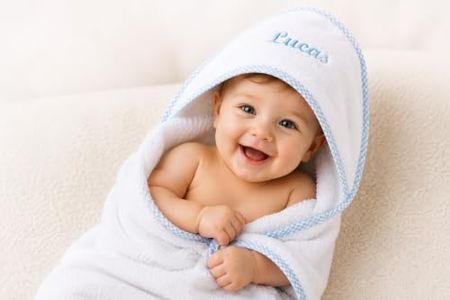 Soleus Personalized Baby Hooded Towel, Custom Embroidered Name Bath Towel, Soft Absorbent Cotton Towel for Newborns, Infants & Toddlers, for Boys & Girls, 30 x 30 Inches - Blue