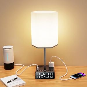 BTU Table Lamp Bedside Lamp with 2 USB Ports and AC Power Outlets, Alarm Clock Base w/ 6Ft Extension Cord, Hexagonal Cylinder Lampshade Modern Accent Nightstand Lamps for Bedrooms Living Room