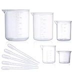 Plastic Beaker Set, 5 Sizes Low Form Measuring Graduated Griffin Polypropylene Beakers in 500 ml, 250 ml, 100 ml, 50 ml, 25 ml for Laboratory, Science Experiments with 5 Plastic Droppers in 3 ml