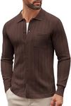 COOFANDY Men's Casual Knit Polo Shirts Long Sleeve Button Down Sweater Polo Ribbed Cardigan Sweater with Pocket Brown