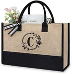 TOPDesign Personalized Initial Jute/Canvas Beach Bag, Monogrammed Gift Tote Bag for Women, Black & Brown, 17" x 11.8" x 7.8", Circle C