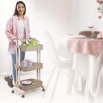 Nayasa Signature Trolley 3 Layer Cart | Organizer Rolling Cart with Wheels| Modern Organizer Rack | Bathroom Storage Rack | Movable Storage Rack | Multipurpose Plastic Storage Cart | Beige