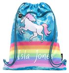 Fringoo Personalised Kids Drawstring Bag with Zipped Pocket PE Bag Swimming Football Gym School Bag for Boys Girls (Unicorn Clouds)