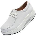 rismart Leather Platform Shoes Women Comfort Casual Walking Trainers White,5