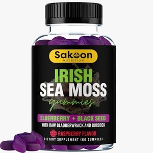 Sakoon nutrition Irish Sea Moss Gummies w/Elderberry & Black Seed Oil - Beauty, Joints & Immune Support | Rich in Vitamins, Raspberry Flavor | 60 Gummies