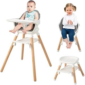 COSTWAY 6 en 1 Trona Bebe, Silla Alta Convertible para Bebés, Trona Portatil Bebe con Bandeja, Arnés de 5 Puntos, Cojín de Asiento de PU y Patas de Haya para Niños de 6 Meses a 6 Años (Blanco)