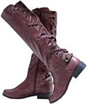 Womens Lace Up Knee High Boots Motorcycle Riding Flat Low Heels Strappy Winter Combat Boots, Burgundy, 5.5 UK