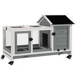 PawHut Wooden Rabbit Hutch with Wheels, Guinea Pig Cage, Small Animal House for Outdoor & Indoor with Slide-out Tray, 108 x 58 x 73.5cm, Grey