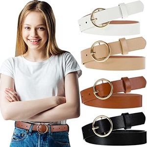 Janmercy 4 Pack Belts for Girls Kids Leather Belts Skinny Belt Color Strappy Waist Belt with Double O Ring Buckle, 4 Colors, Black, White, Brown, Khaki, Medium