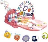 dearlomum Baby Play Mat Baby Gym,Funny Play Piano Tummy Time Baby Activity Mat with 5 Infant Sensory Baby Toys, Music and Lights Boy & Girl Gifts for Newborn Baby 0 to 3 6 9 12 Months (Tiger Pink)