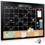 Board2by Monthly Chalkboard Calendar & Cork Board for Wall, 18" x 24" Magnetic Chalk Calendar Board Combo Board, Hanging Wood Frame Combination Board Blackboard with Pens for Office, School, Home