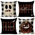 Set of 4 Halloween Pillow Covers 18x18 Inch Cute Ghost Pumpkin Decor Throw Pillow Covers Black Plaid Happy Halloween Cushion Covers Linen Pillow Cases for Home Outdoor Couch Sofa (18 by 18)