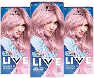 Schwarzkopf LIVE Pretty Pastels Pink Gold Hair Dye, Pack of 3, Semi-Permanent Colour last up to 8 washes- P123 Rose Gold