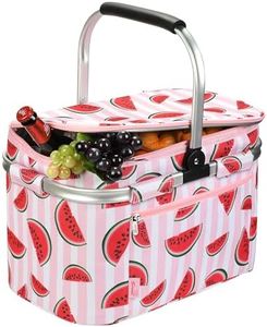 Tirrinia Large Insulated Picnic Basket, 34L Water Resistant & Leakproof Collapsible Portable Cooler Basket Set with Aluminium Handle for Travel, with a Free Foldable Grocery Bag, Pink