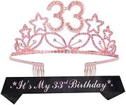 33rd Birthday Gifts for Women, 33rd Birthday Tiara and Sash pink, 33 & Fabulous Glitter Satin Sash and Crystal Tiara