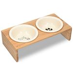 Navaris Ceramic Cat Bowls with Stand - Raised Food and Water Bowl Set for Cats on Elevated Wooden Riser - Eco-Friendly Cat and Paw Design - 2 Bowls