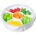 Round Divided Serving Tray with Lid, Plastic Salad Veggie Tray, 6 Compartments Food Storage Container for Snacks, Fruits, Meal Prep, Party Appetizer Tray