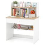 HONEY JOY Kids Desk, Wooden Children School Study Table with Hutch, Pull-Out Drawer, Storage Shelves, Student Writing Desk Computer Workstation for Bedroom, 3+ Years Old, White