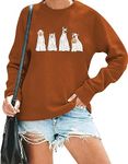 AIIWEIS Halloween Ghost Dog Sweatshirt Women Funny Spooky Season Long Sleeve Shirt Crewneck Halloween Pullover Top, Brown, Medium