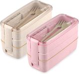 Bento Box 2 Pack Set, HSYTEK 3 Compartment Lunch Boxes for Men and Women, 3 Layer Kid Lunch Box, for Study, Work, Picnic, Camping, with Spoon and Fork